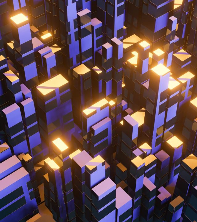 Modern abstract cityscape with glowing lights creating an urban skyline illusion at night.